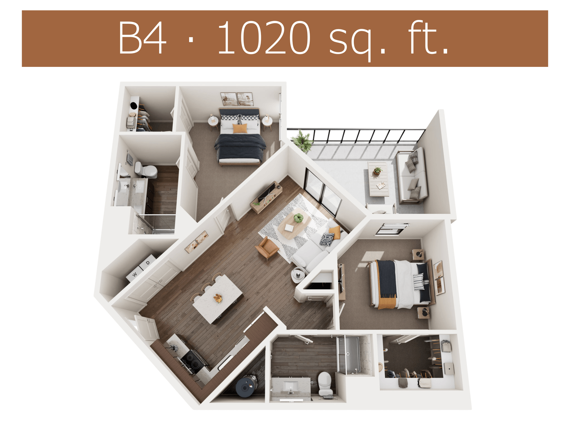 A 1020 square foot B4 apartment with a kitchen, living room, and two bedrooms.