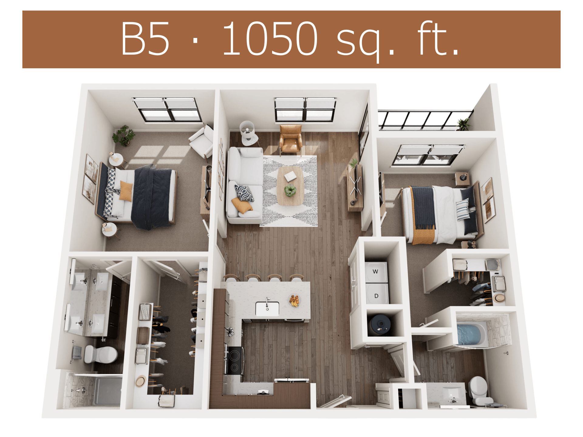 A 1050 sq. ft. B5 apartment layout with a living room, kitchen, bedroom, and bathroom.