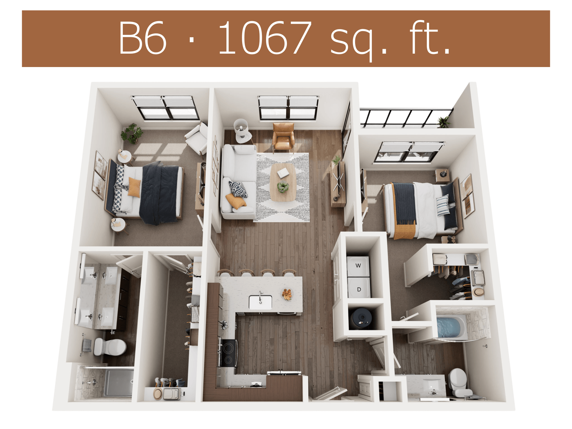 A 3D floor plan of a B6 apartment with a total area of 1067 square feet.