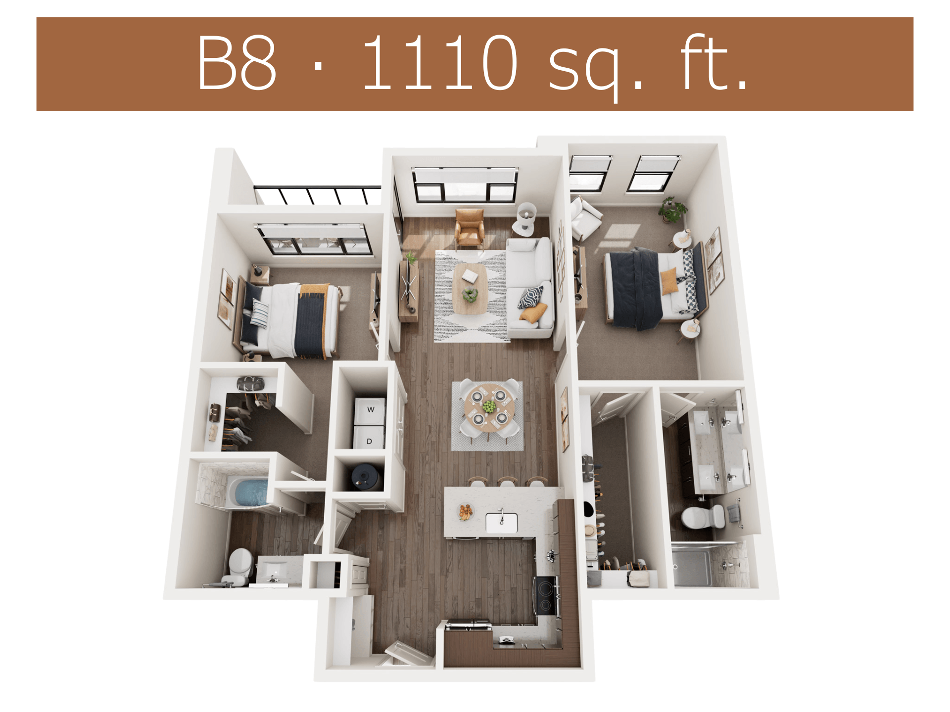 A 3D floor plan of a B8 apartment with 1110 square feet.