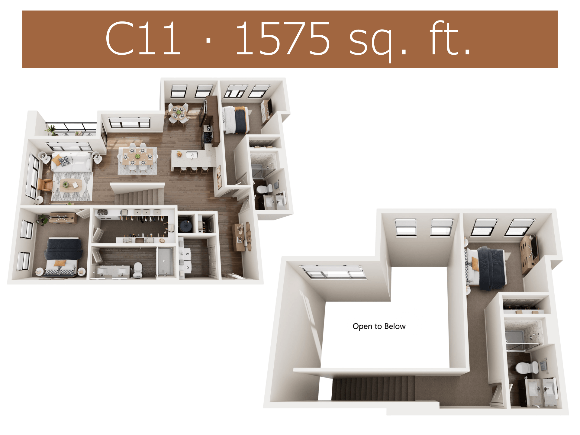 A floor plan of a C11 sized apartment, which is 1575 square feet.