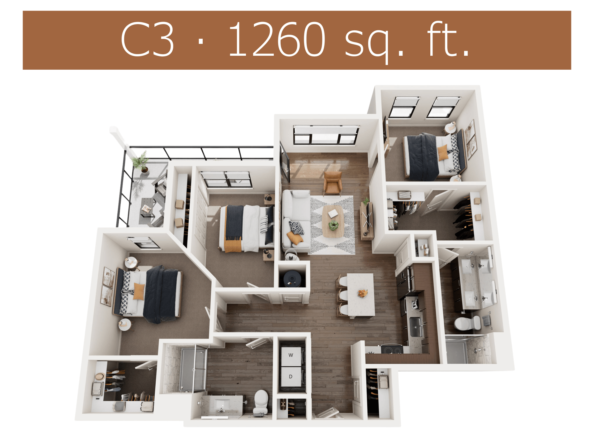 A 1260 sq. ft. apartment layout with a kitchen, living room, and two bedrooms.