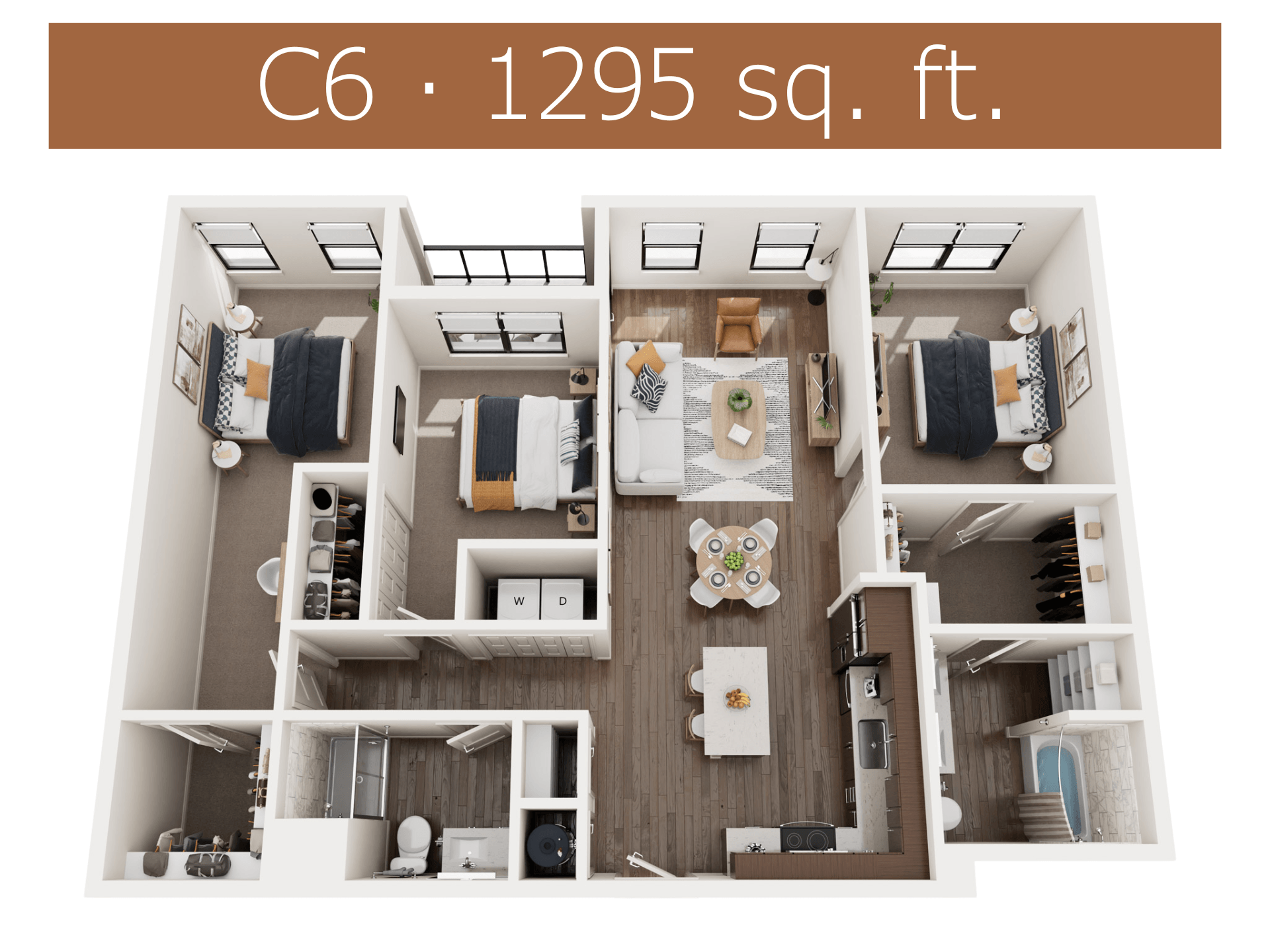 A floor plan of a C6 apartment with a total area of 1295 square feet.