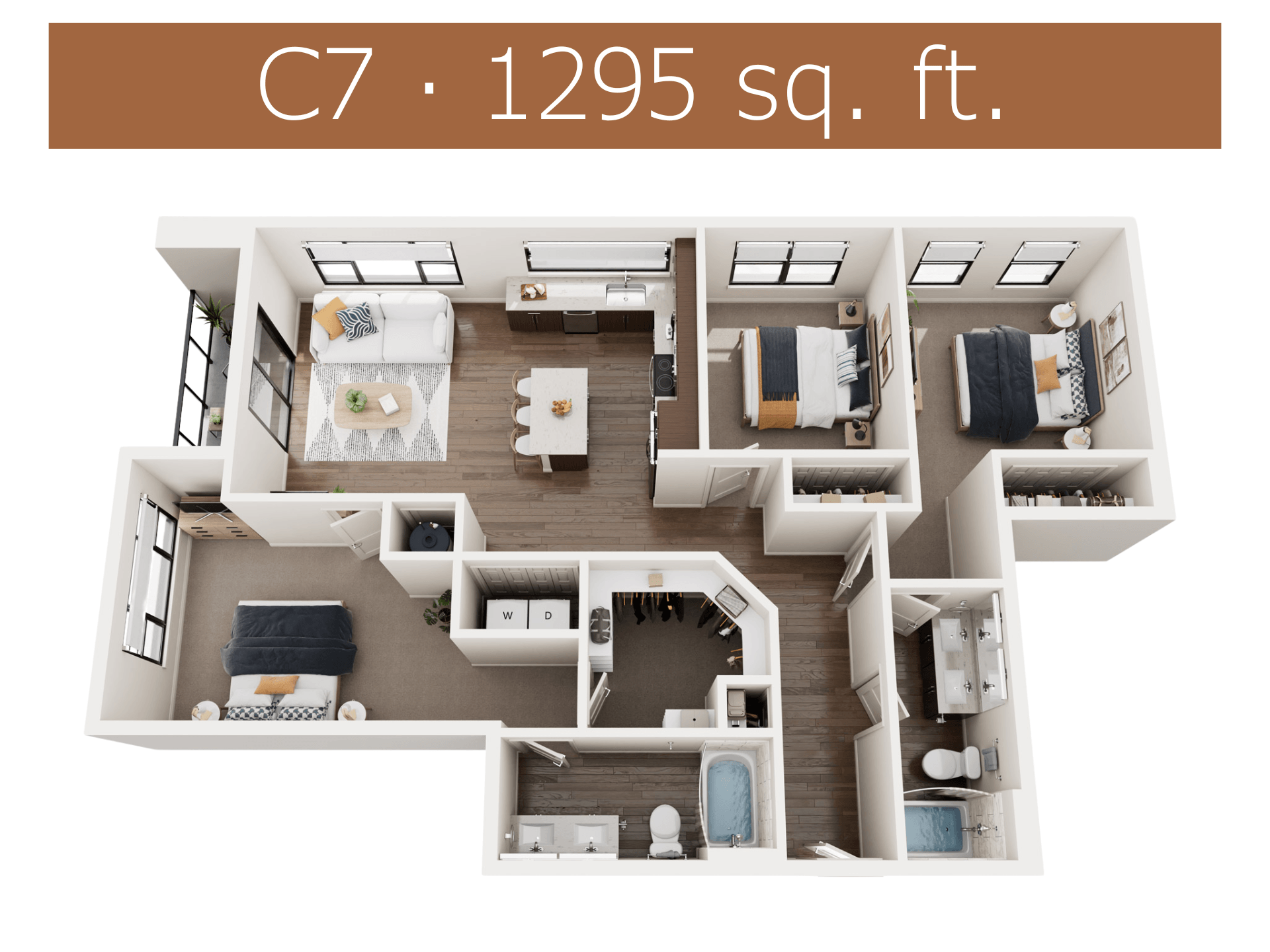 A 3D floor plan of a C7 apartment with 1295 square feet.