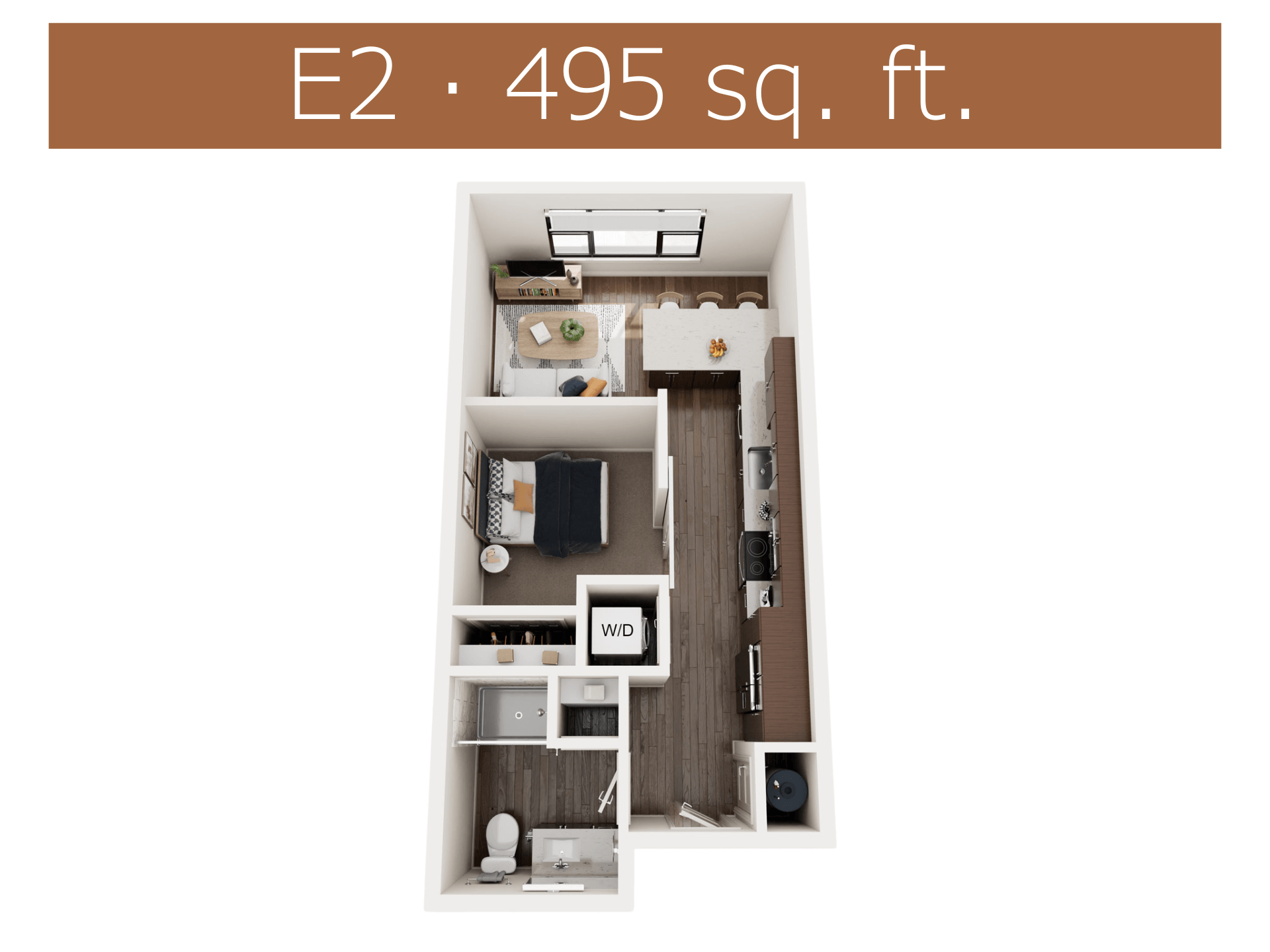A small apartment with a bedroom, living room, and kitchen.