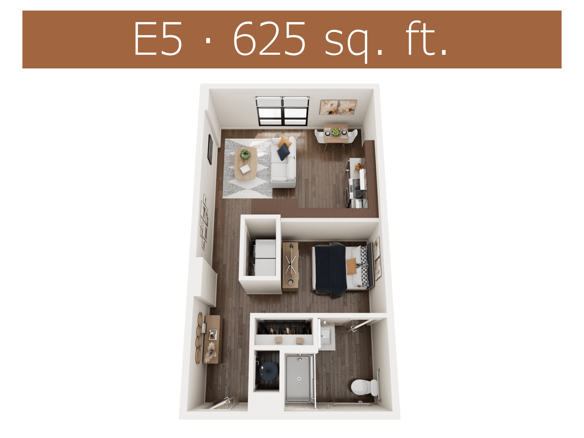 A small apartment with a kitchen, living room, and bathroom.