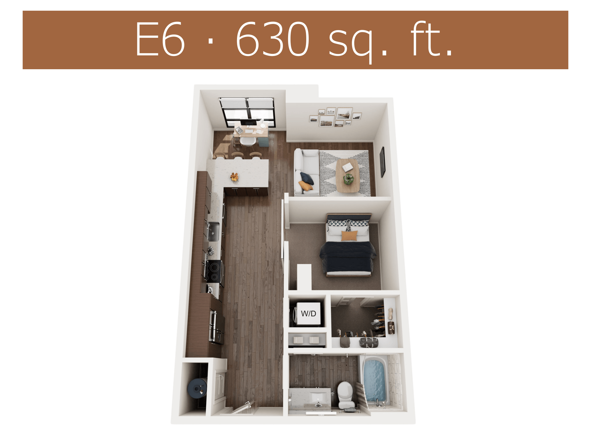 A small apartment layout with a living room, kitchen, and bedroom.