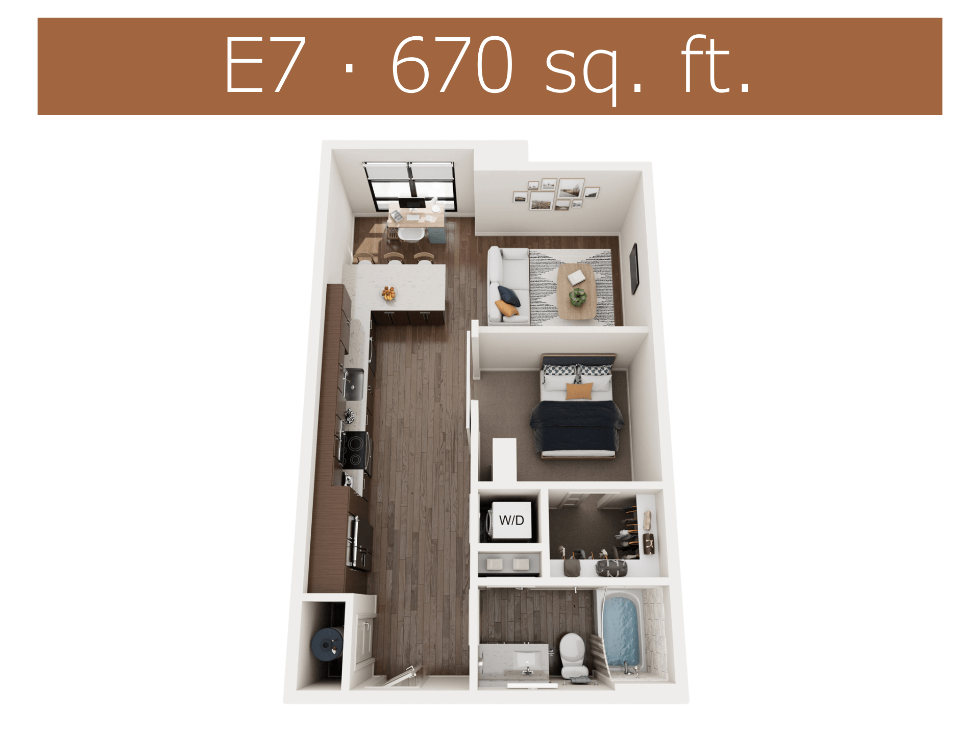 A 670 sq. ft. apartment layout with a kitchen, living room, and bedroom.