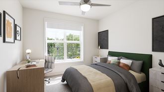 a bedroom with a large window and a bed with a green headboard