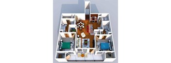 A 3D floor plan of a house showing a kitchen, living room, dining room, and bedrooms.