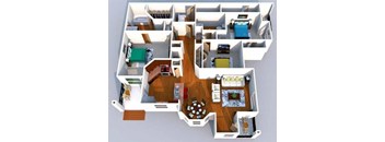A 3D floor plan of a house with a kitchen, living room, and bedrooms.