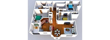 A 3D floor plan of a house showing a kitchen, living room, and bedrooms.