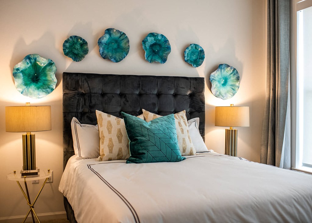 Bedroom with cozy bed at The Villas at Waterside, Lenexa, KS, 66214