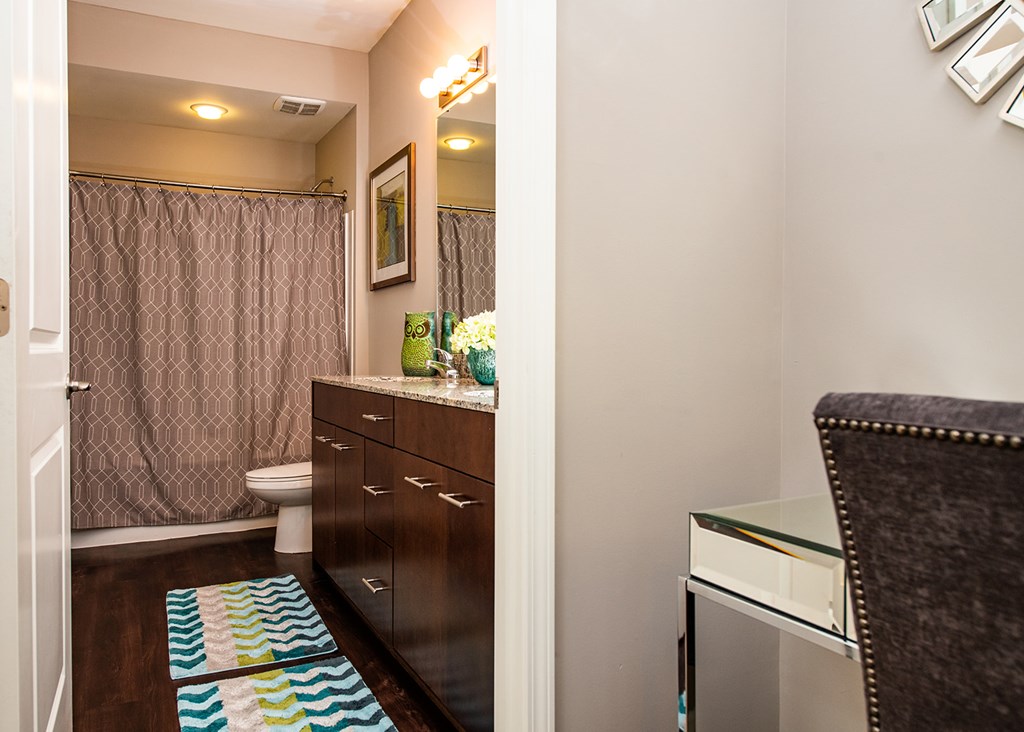 A bathroom with a brown wooden vanity and a mirror above it.