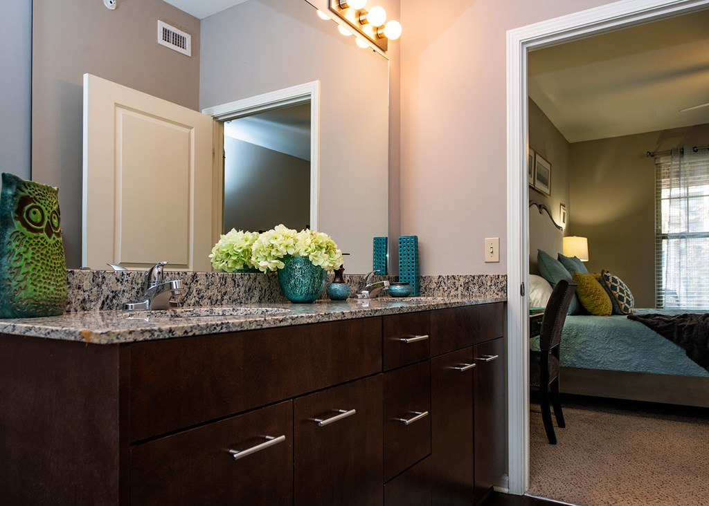 A bathroom with a vanity and a mirror.