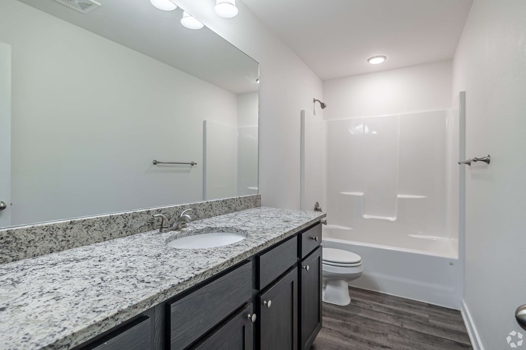 A bathroom with a marble countertop and a walk-in shower.