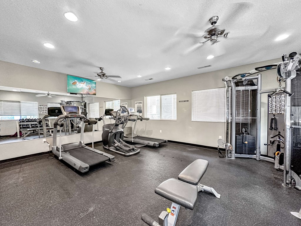 A spacious gym with treadmills, elliptical machines, and other exercise equipment.