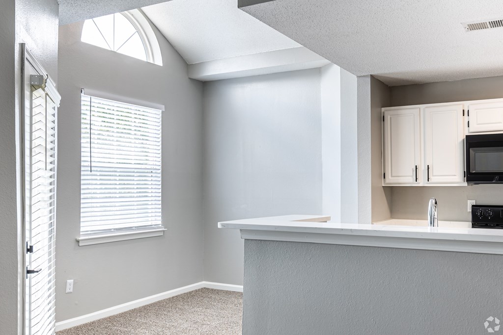 A kitchen with a white counter and cabinets.