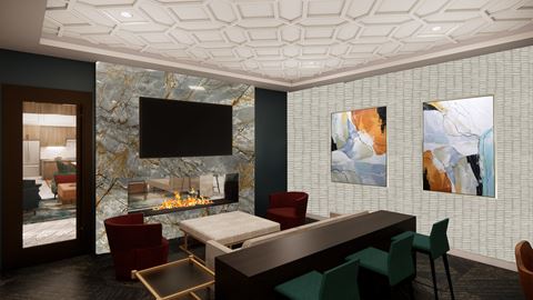 a rendering of the media lounge with a fireplace and a television