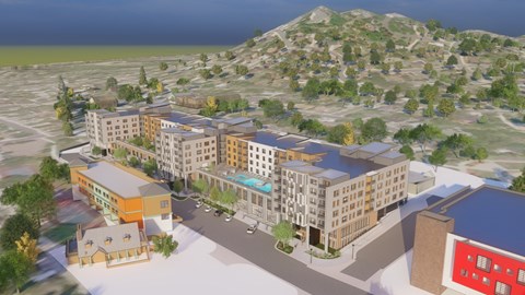 an aerial view of a city with buildings and a mountain in the background, The View at Castle Rock, CO, 80104