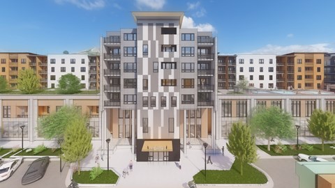 a rendering of an apartment building with a courtyard and other buildings at The View at Castle Rock,