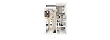 A modern apartment with a kitchen, living room, and bathroom.