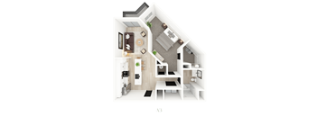 A 3D floor plan of a small apartment with a kitchen, living room, and bathroom.