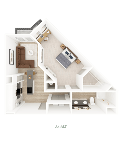 A 3D floor plan of a house with labeled rooms.