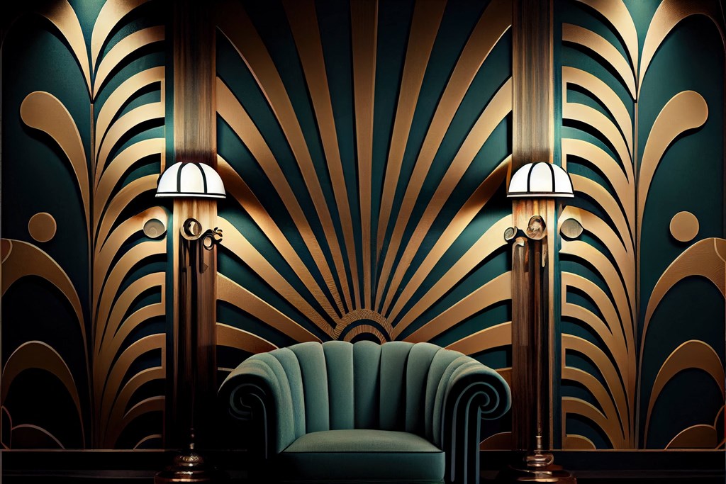 a blue couch and two lamps in front of a psychedelic wall at District at Riverside Apartments, Tennessee