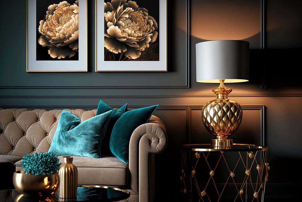 a living room with a couch and two paintings on the wall at District at Riverside Apartments, Chattanooga, 37406