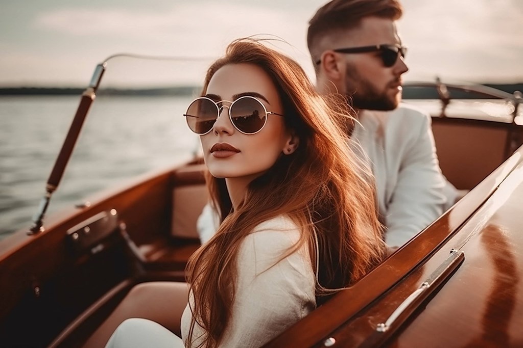 a man and a woman wearing sunglasses on a boat at District at Riverside Apartments, Chattanooga