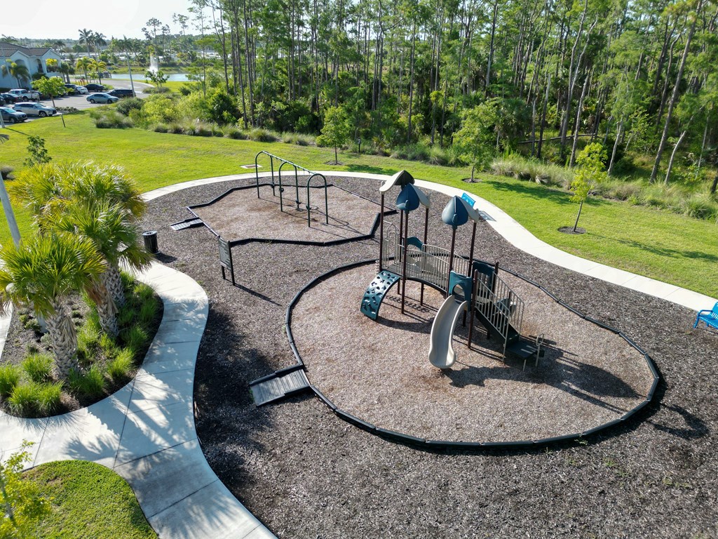 a playground is shown in a park with trees