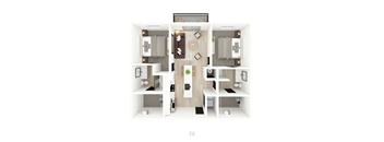 A top-down view of a two-bedroom apartment layout.