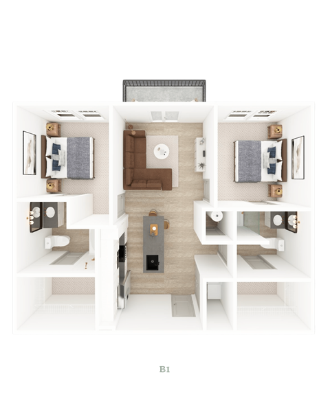 A top-down view of a modern apartment layout with a living room, kitchen, and two bedrooms.