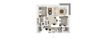 A top-down view of a modern apartment layout with a living room, kitchen, and two bedrooms.