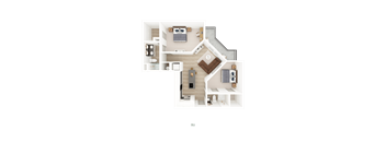 A top-down view of a house layout with a living room, kitchen, and two bedrooms. at District on the Etowah Apartments, Canton, 30114
