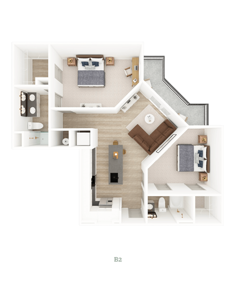 A top-down view of a house layout with a living room, kitchen, and two bedrooms.