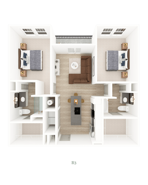 A 3D floor plan of a small apartment with a living room, kitchen, and two bedrooms.