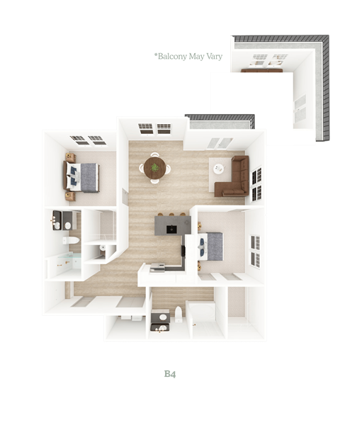 A 3D floor plan of a property named Balcony May Vary.