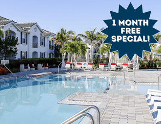 a swimming pool with white chairs around it and a blue sign that reads 1 month free special