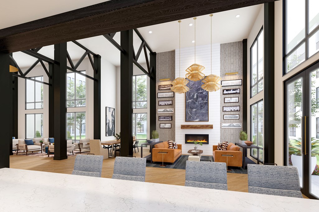 a rendering of the lobby at the flats east bankat The Crest at South Point, McDonough, GA