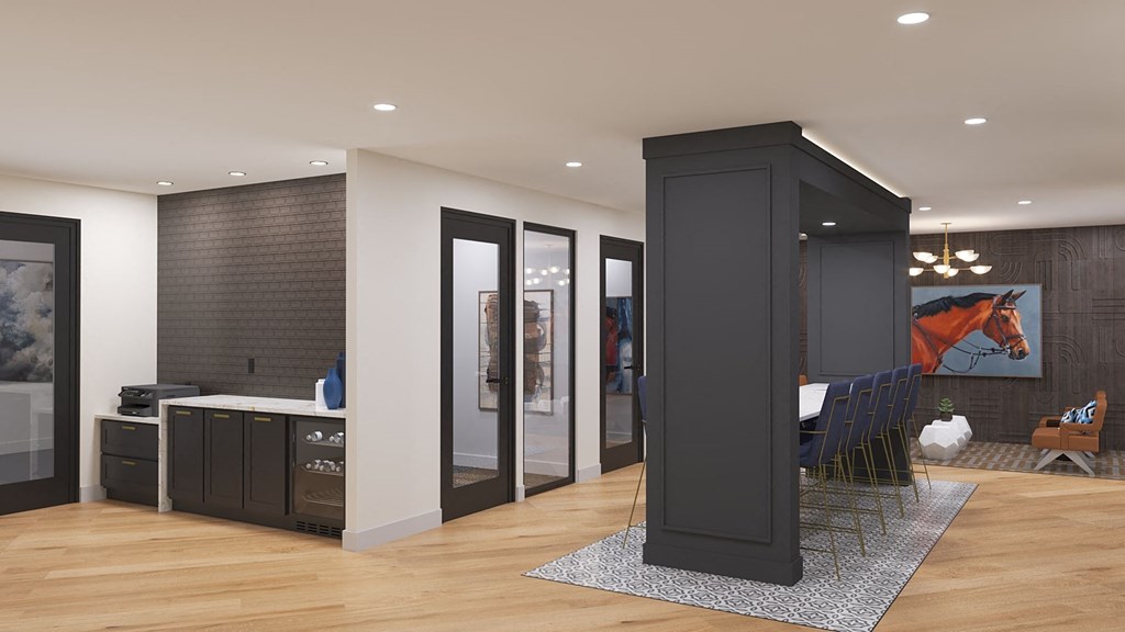 a rendering of a room with a desk and chairs and a horse painting on the wallat The Crest at South Point, McDonough, 30253