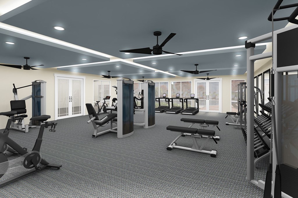 a rendering of a fitness center with treadmills and other exercise equipmentat The Crest at South Point, McDonough, GA