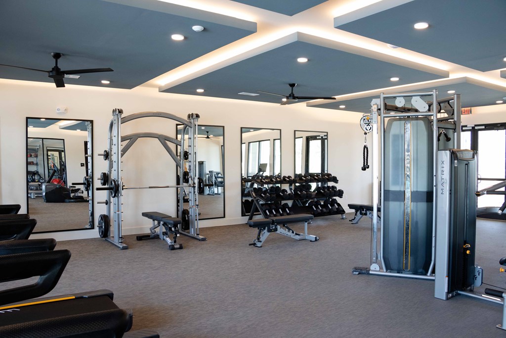A gym with a variety of equipment including treadmills, weights, and a bench press at The Crest at South Point Apartments, Davenport , GA, 30253