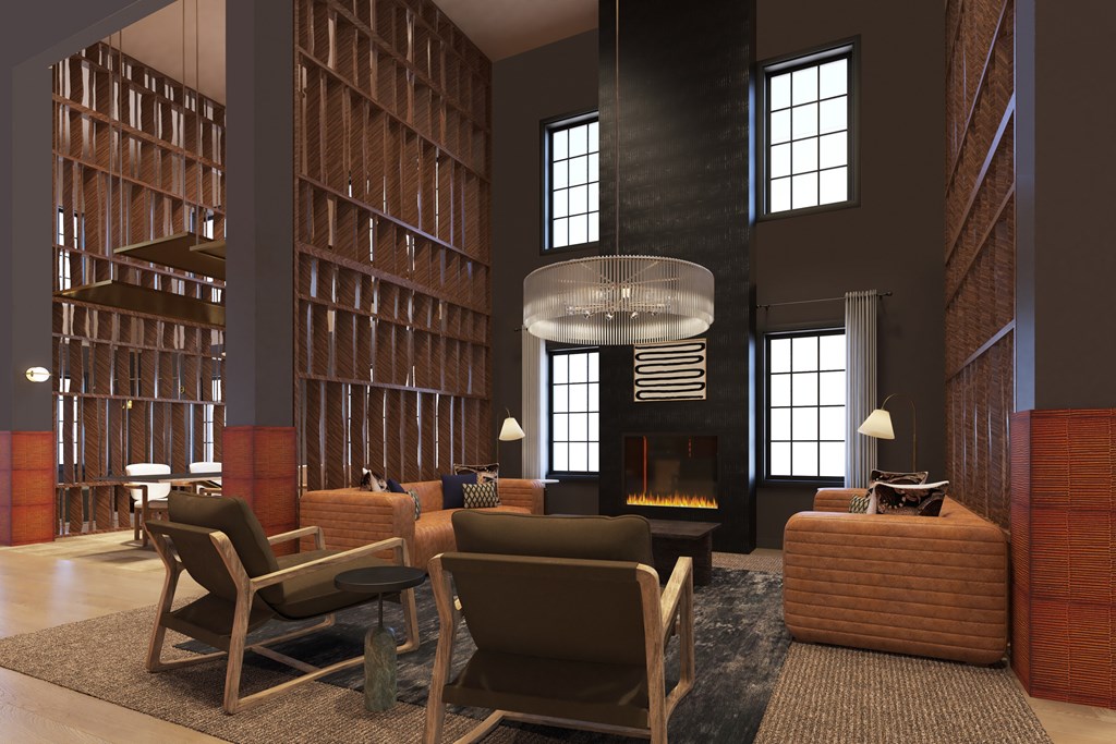 A modern living room with a fireplace and a large window.