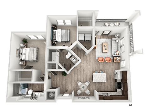 2 bed 2 bath B2 Floor Plan at The Crest at South Point Apartments, Davenport 