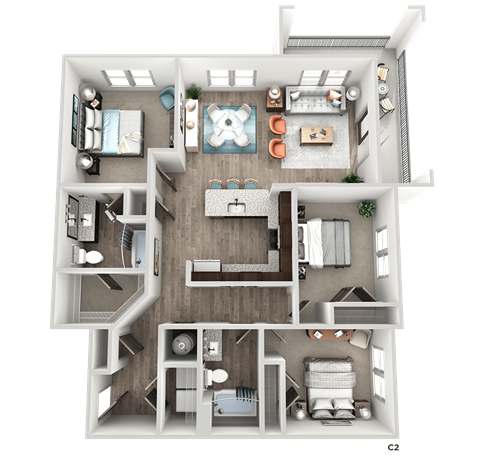 3 bed 2 bathroom C2 Floor Plan at The Crest at South Point Apartments, Davenport , Georgia