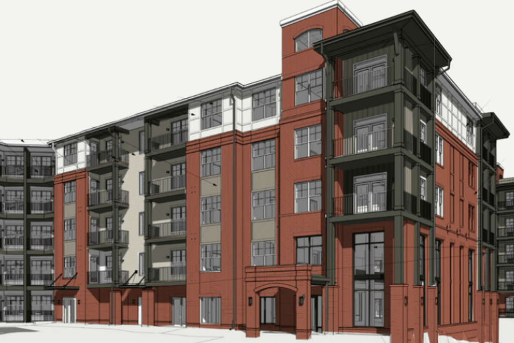 District on the etowah luxury apartment community coming soon to Canton, Ga and The Mill modern building rendering with red and black bricks