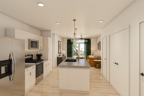 A modern kitchen with a large island in the middle.
