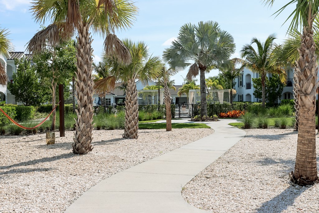 a walkway with palm trees and a house in the background